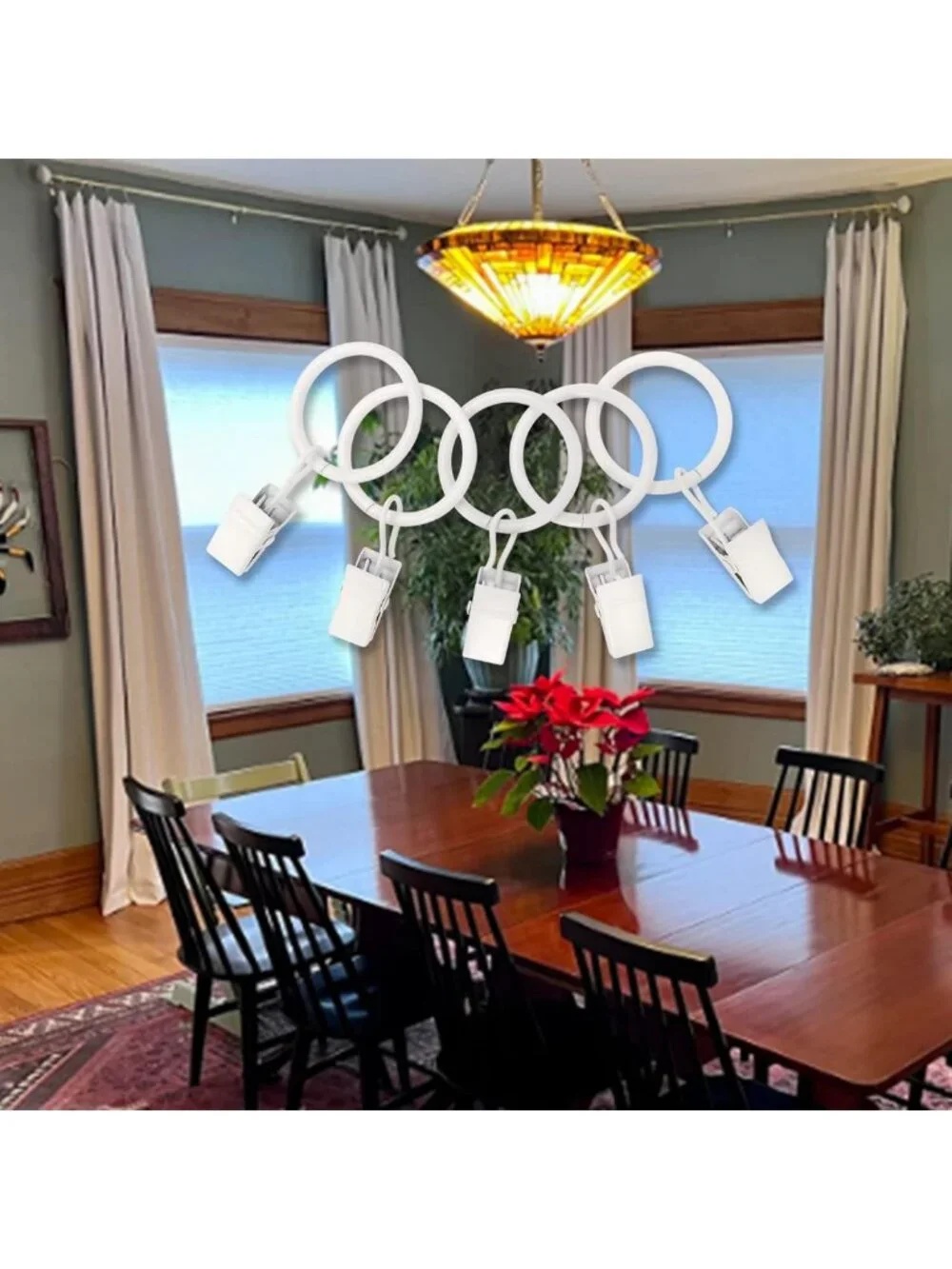 100 Pack White Curtain Rings with Clips - Drapery Hooks for Hanging Curtains